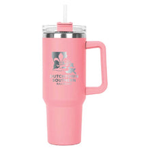 Load image into Gallery viewer, Pink Hippo Mug & Straw Lid 40 oz. - Laser Engraved Railroad Logo