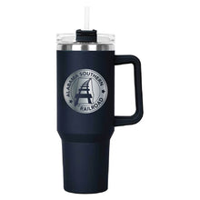 Load image into Gallery viewer, Navy Hippo Mug &amp; Straw Lid 40 oz. - Laser Engraved Railroad Logo
