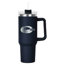 Load image into Gallery viewer, Navy Hippo Mug &amp; Straw Lid 40 oz. - Laser Engraved Railroad Logo

