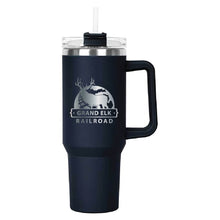 Load image into Gallery viewer, Navy Hippo Mug &amp; Straw Lid 40 oz. - Laser Engraved Railroad Logo
