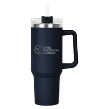 Load image into Gallery viewer, Navy Hippo Mug &amp; Straw Lid 40 oz. - Laser Engraved Railroad Logo
