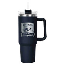 Load image into Gallery viewer, Navy Hippo Mug &amp; Straw Lid 40 oz. - Laser Engraved Railroad Logo
