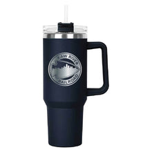 Load image into Gallery viewer, Navy Hippo Mug &amp; Straw Lid 40 oz. - Laser Engraved Railroad Logo
