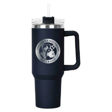 Load image into Gallery viewer, Navy Hippo Mug &amp; Straw Lid 40 oz. - Laser Engraved Railroad Logo

