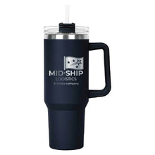 Load image into Gallery viewer, Navy Hippo Mug &amp; Straw Lid 40 oz. - Laser Engraved Railroad Logo
