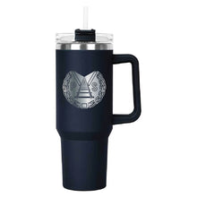 Load image into Gallery viewer, Navy Hippo Mug &amp; Straw Lid 40 oz. - Laser Engraved Railroad Logo
