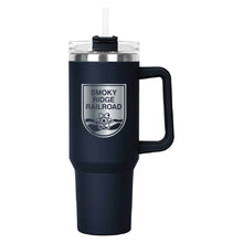 Load image into Gallery viewer, Navy Hippo Mug &amp; Straw Lid 40 oz. - Laser Engraved Railroad Logo
