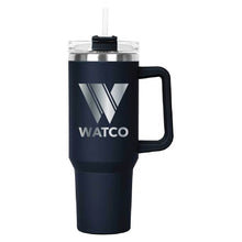 Load image into Gallery viewer, Navy Hippo Mug &amp; Straw Lid 40 oz. - Laser Engraved Railroad Logo
