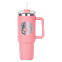 Load image into Gallery viewer, Pink Hippo Mug &amp; Straw Lid 40 oz. - Laser Engraved Railroad Logo
