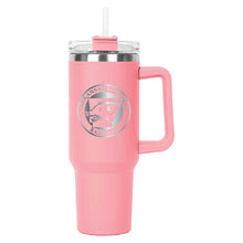 Load image into Gallery viewer, Pink Hippo Mug &amp; Straw Lid 40 oz. - Laser Engraved Railroad Logo
