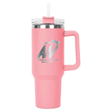 Load image into Gallery viewer, Pink Hippo Mug &amp; Straw Lid 40 oz. - Laser Engraved Railroad Logo
