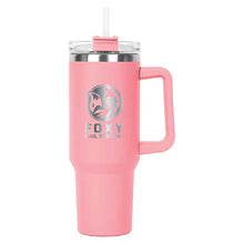 Load image into Gallery viewer, Pink Hippo Mug &amp; Straw Lid 40 oz. - Laser Engraved Railroad Logo
