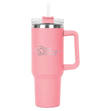 Load image into Gallery viewer, Pink Hippo Mug &amp; Straw Lid 40 oz. - Laser Engraved Railroad Logo
