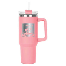 Load image into Gallery viewer, Pink Hippo Mug &amp; Straw Lid 40 oz. - Laser Engraved Railroad Logo
