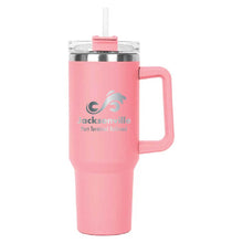 Load image into Gallery viewer, Pink Hippo Mug &amp; Straw Lid 40 oz. - Laser Engraved Railroad Logo

