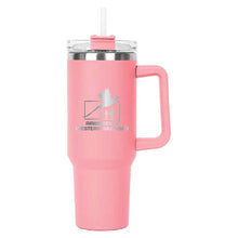 Load image into Gallery viewer, Pink Hippo Mug &amp; Straw Lid 40 oz. - Laser Engraved Railroad Logo

