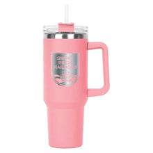 Load image into Gallery viewer, Pink Hippo Mug &amp; Straw Lid 40 oz. - Laser Engraved Railroad Logo
