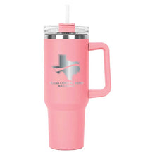 Load image into Gallery viewer, Pink Hippo Mug &amp; Straw Lid 40 oz. - Laser Engraved Railroad Logo
