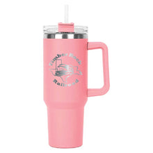 Load image into Gallery viewer, Pink Hippo Mug &amp; Straw Lid 40 oz. - Laser Engraved Railroad Logo
