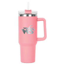 Load image into Gallery viewer, Pink Hippo Mug &amp; Straw Lid 40 oz. - Laser Engraved Railroad Logo
