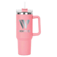 Load image into Gallery viewer, Pink Hippo Mug &amp; Straw Lid 40 oz. - Laser Engraved Railroad Logo
