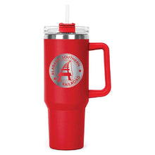 Load image into Gallery viewer, Red Hippo Mug &amp; Straw Lid 40 oz. - Laser Engraved Railroad Logo
