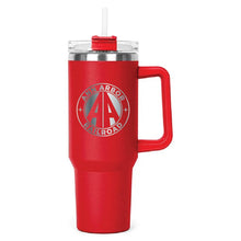 Load image into Gallery viewer, Red Hippo Mug &amp; Straw Lid 40 oz. - Laser Engraved Railroad Logo
