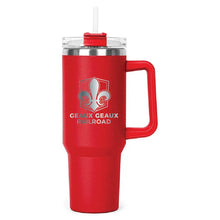 Load image into Gallery viewer, Red Hippo Mug &amp; Straw Lid 40 oz. - Laser Engraved Railroad Logo
