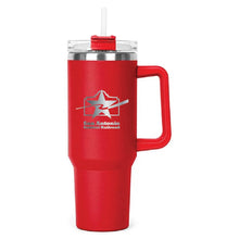 Load image into Gallery viewer, Red Hippo Mug &amp; Straw Lid 40 oz. - Laser Engraved Railroad Logo

