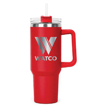 Load image into Gallery viewer, Red Hippo Mug &amp; Straw Lid 40 oz. - Laser Engraved Railroad Logo
